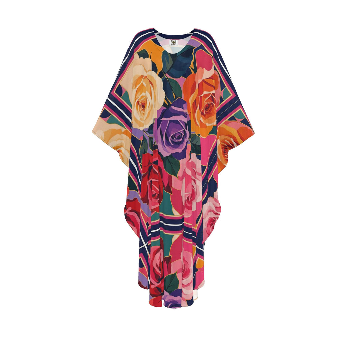 Bold Rose Kaftan - Front & Back Design, Adjustable Internal Waist Tie
