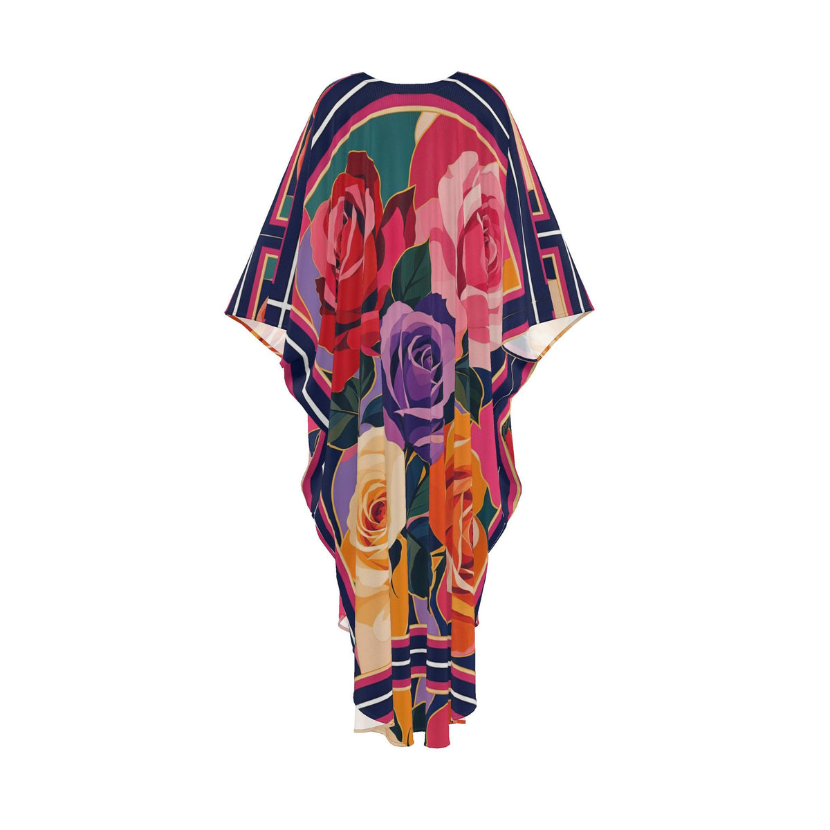 Bold Rose Kaftan - Front & Back Design, Adjustable Internal Waist Tie
