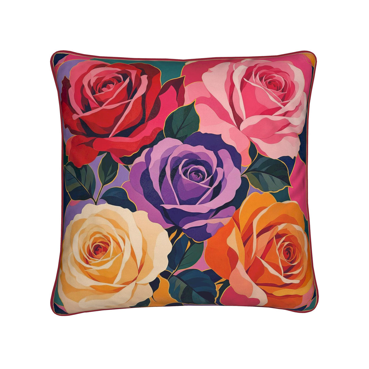 Bold Rose Cushion Double-Sided with Red Piping