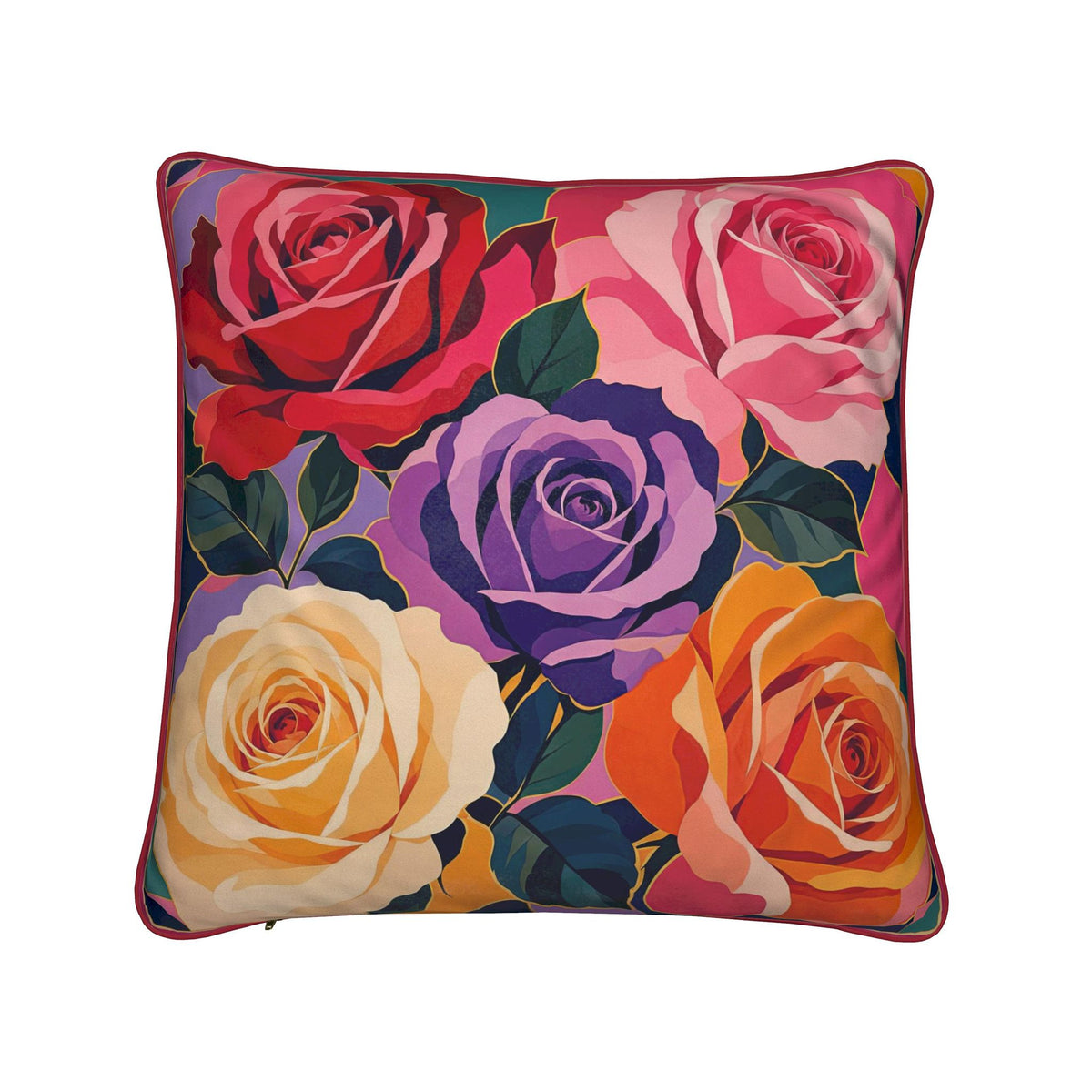 Bold Rose Cushion Double-Sided with Red Piping